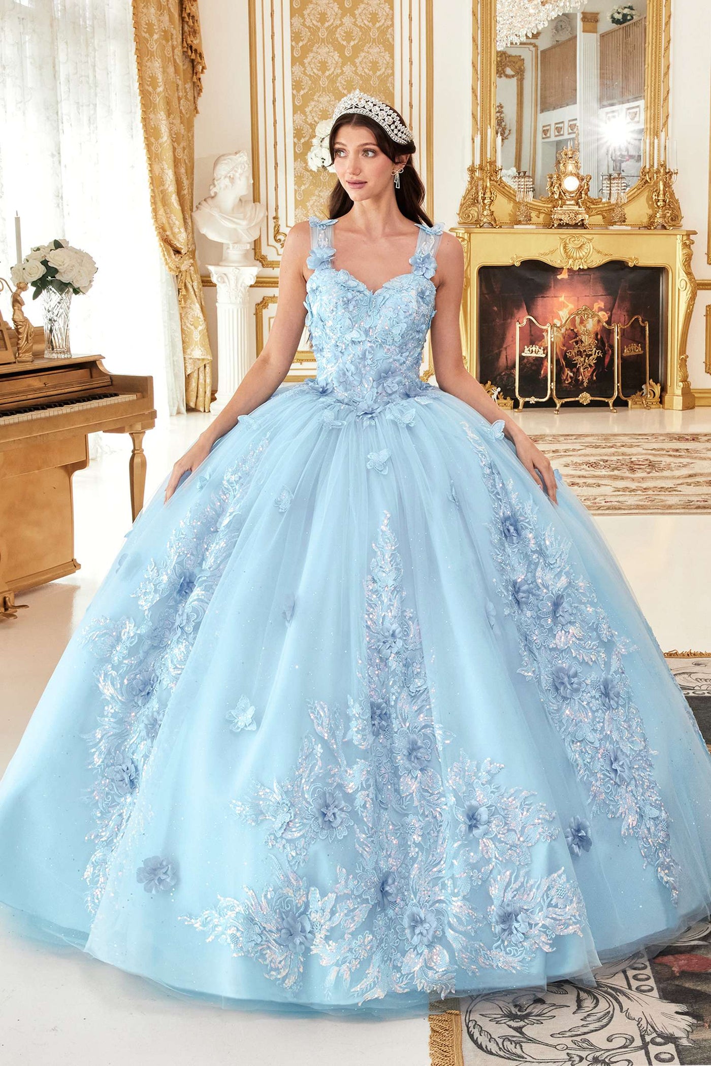 Ladivine 15713 Long Off the Shoulder A-Line Floral Applique Ball Gown - Glamourous Grace