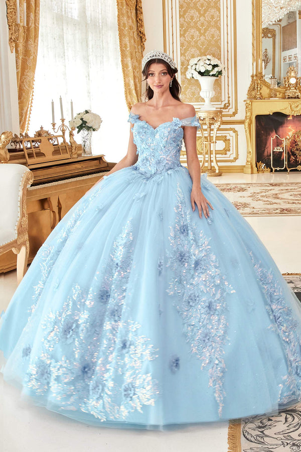 Ladivine 15713 Long Off the Shoulder A-Line Floral Applique Ball Gown - Glamourous Grace