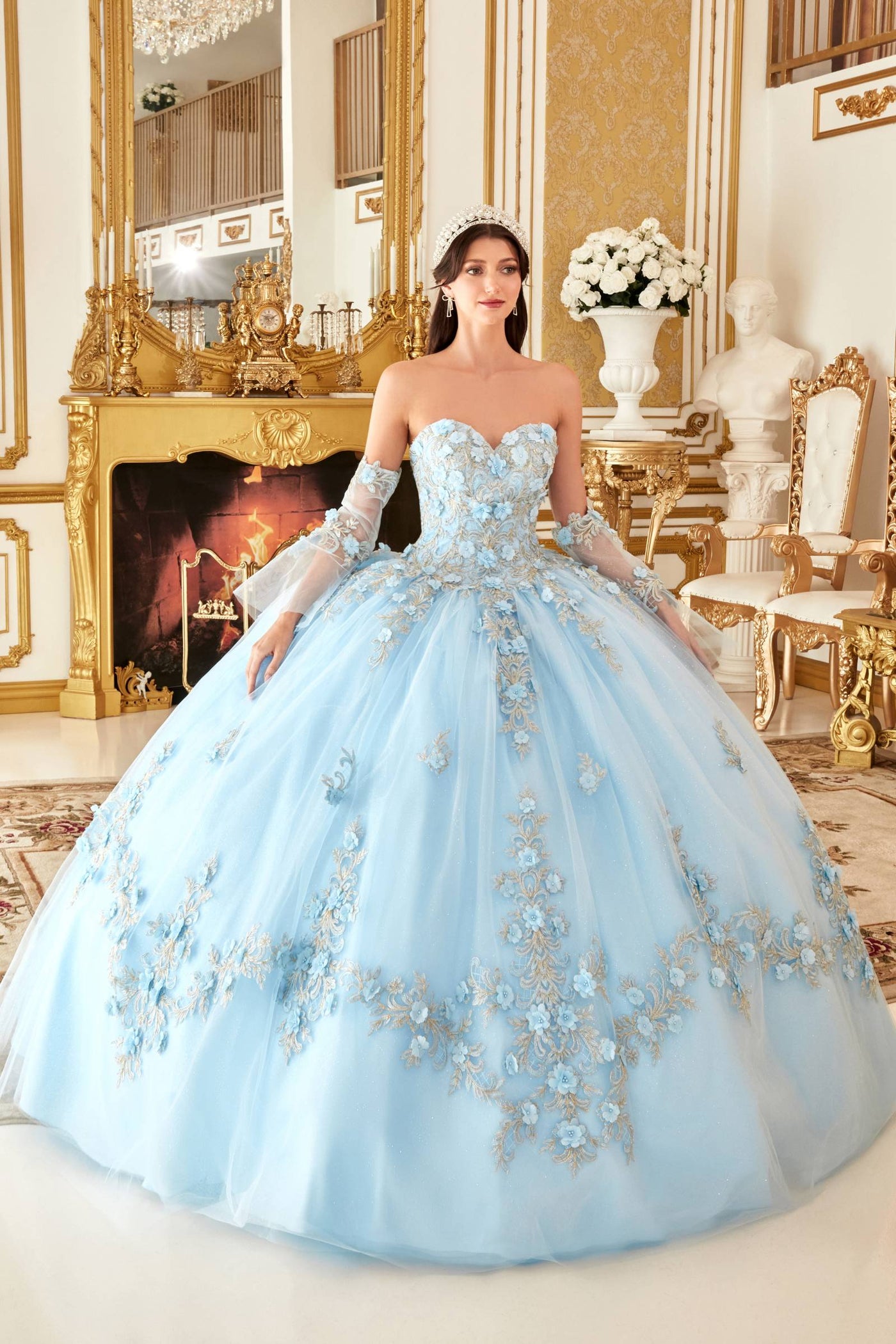 Ladivine 15714 Long Poofy Cinderella A-Line Ballgown Strapless with Gloves - Glamourous Grace
