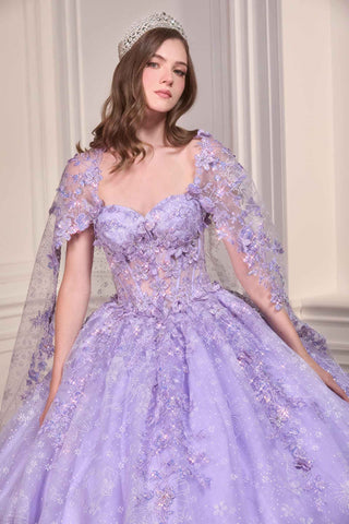Ladivine 15719 Long Poofy Quinceanera Gown With Tulle Cape