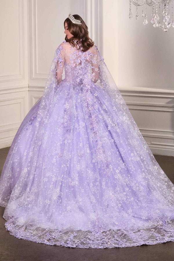 Ladivine 15719 Long Poofy Quinceanera Gown With Tulle Cape - Glamourous Grace