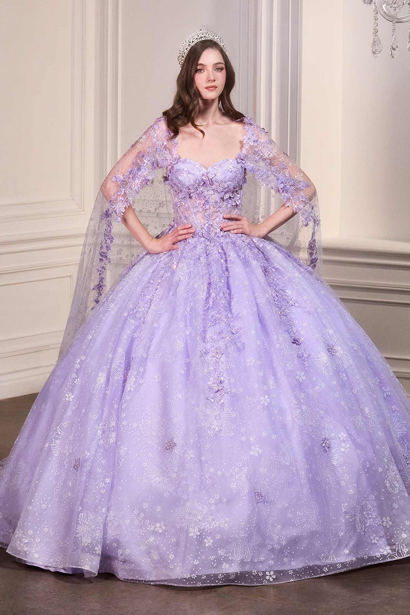 Ladivine 15719 Long Poofy Quinceanera Gown With Tulle Cape - Glamourous Grace
