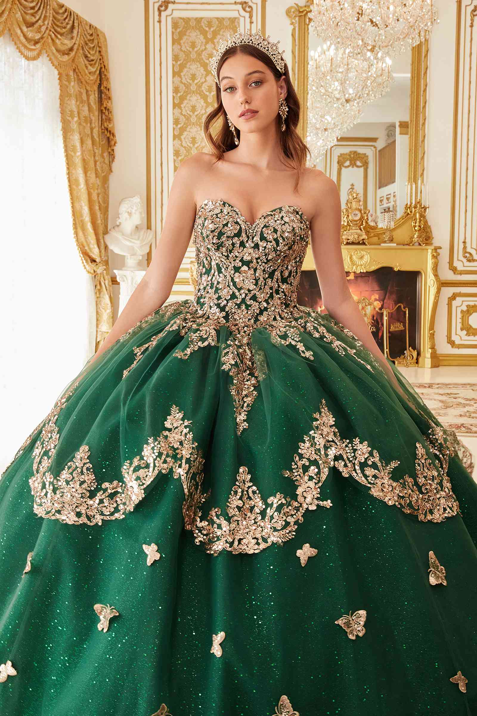 Ladivine 15721 Long Strapless Tulle Cape Sleeve Ball Gown