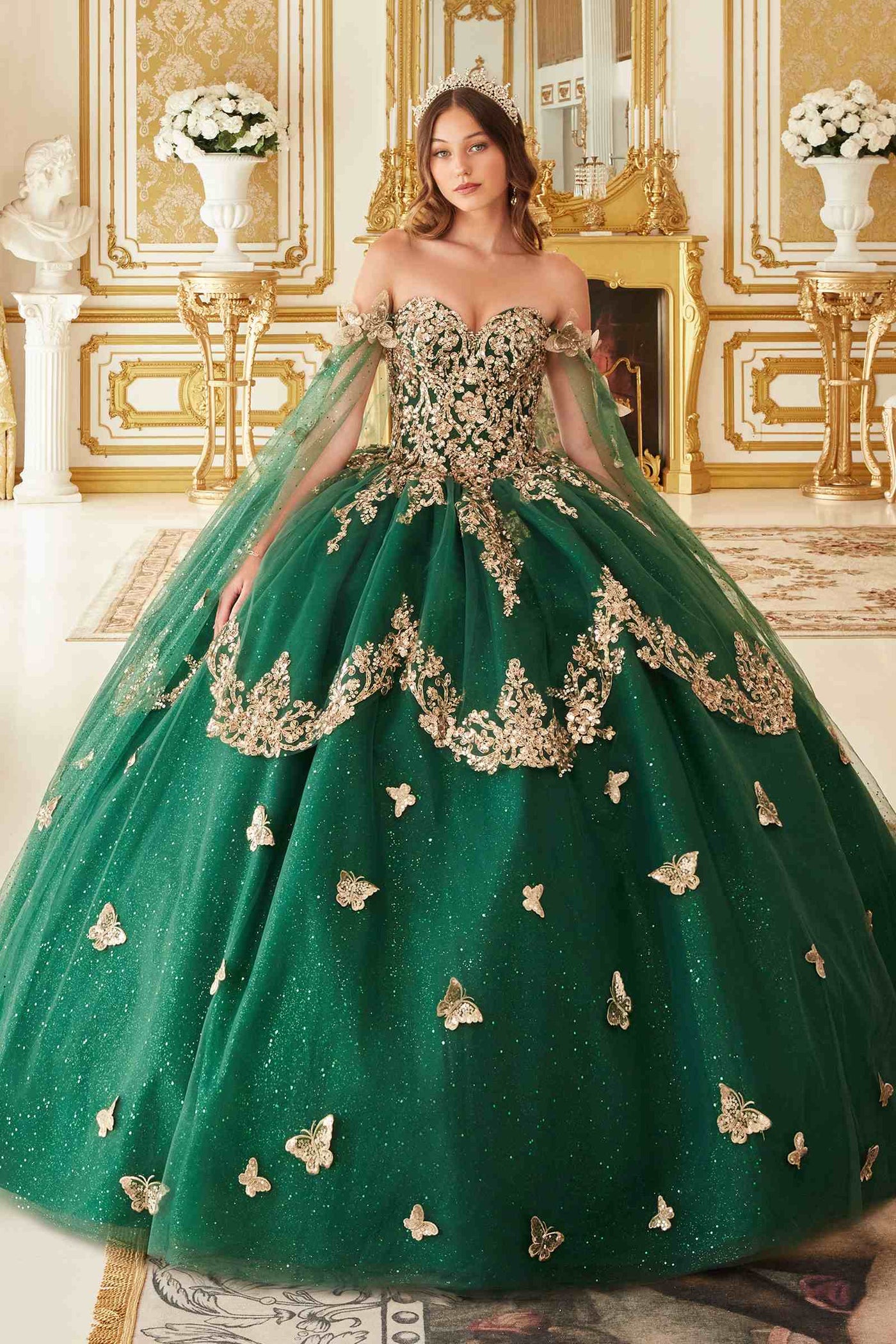 Ladivine 15721 Long Strapless Tulle Cape Sleeve Ball Gown - Glamourous Grace