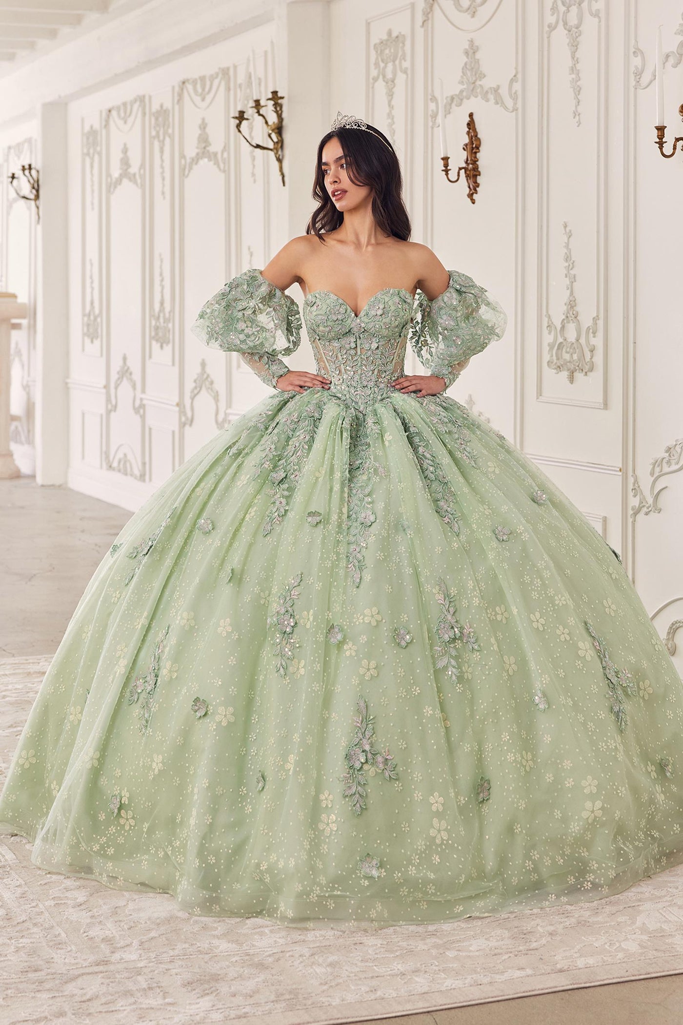 Ladivine 15722 Long Poofy A-Line Quinceanera Dress with Puffy Sleeves - Glamourous Grace
