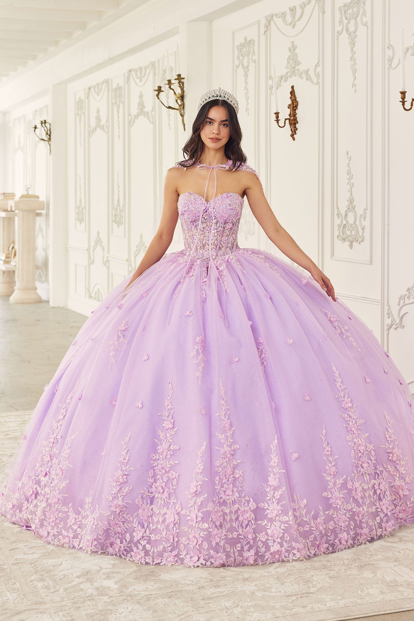 Ladivine 15723 Long Poofy A-Line Quinceanera Gown with Tulle Cape - Glamourous Grace