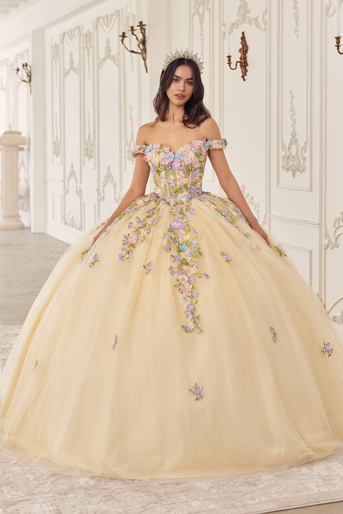 Ladivine 15724 Floral Lace Applique Quinceanera Gown Removable Capelet - Glamourous Grace