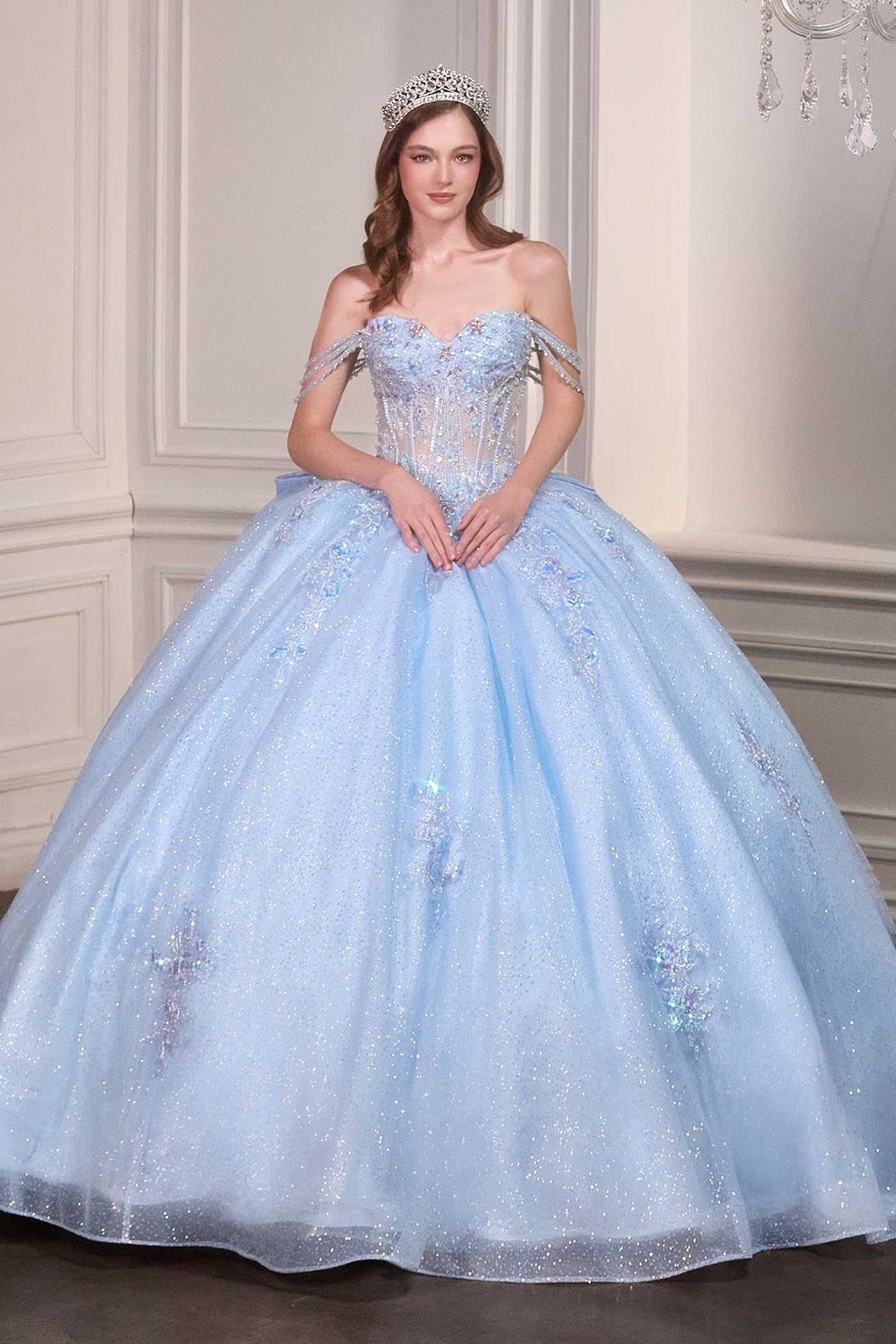 Ladivine 15735 Off the Shoulder Beaded Corset Bodice Quinceanera Ball Gown - Glamourous Grace