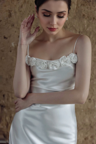 Vintage Rose-Trimmed Satin Slip Wedding Dress with Spaghetti Straps - Glamourous Grace