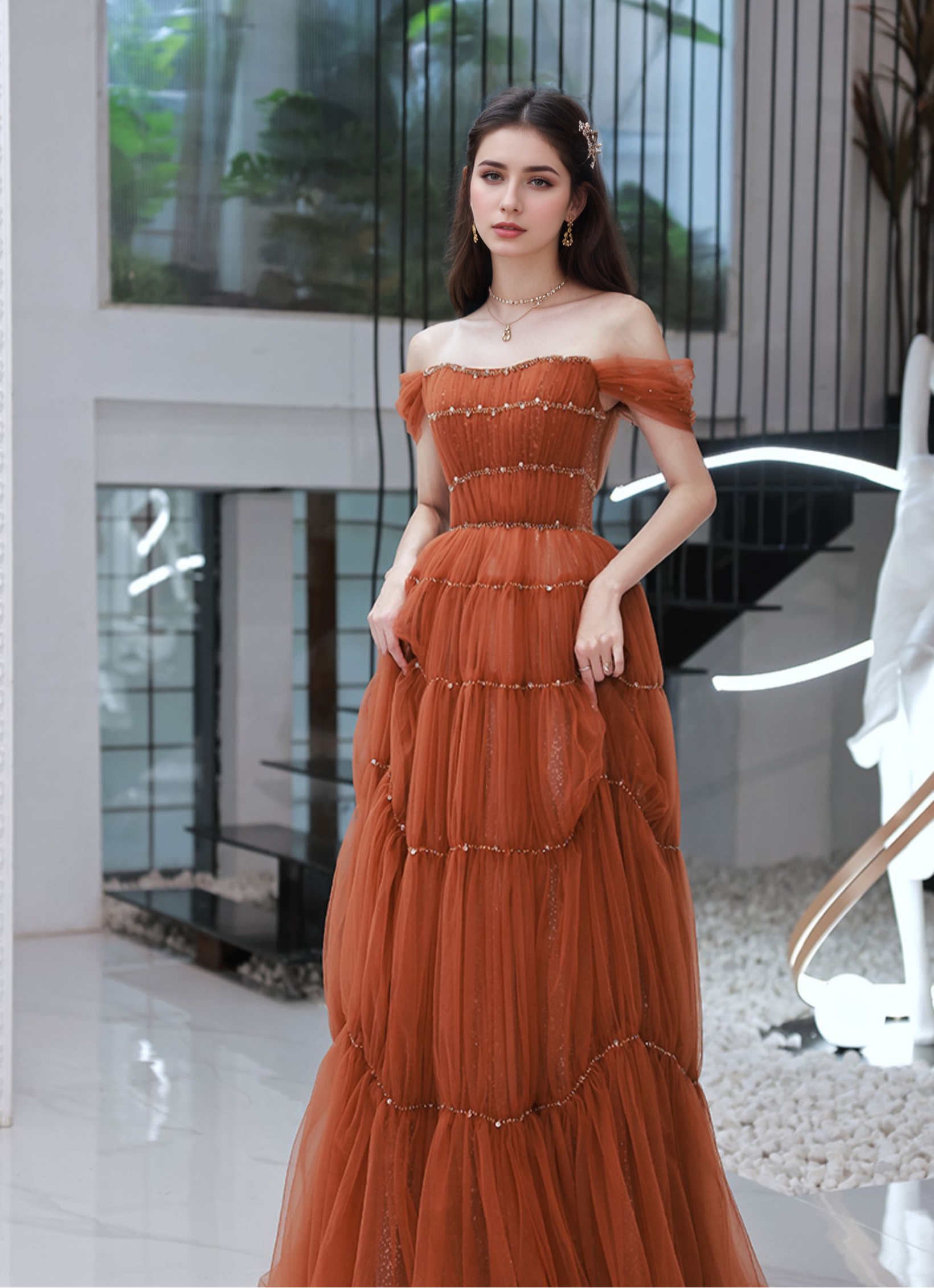 Tiered Tulle Off-Shoulder Gown with Crystal Beading - Glamourous Grace
