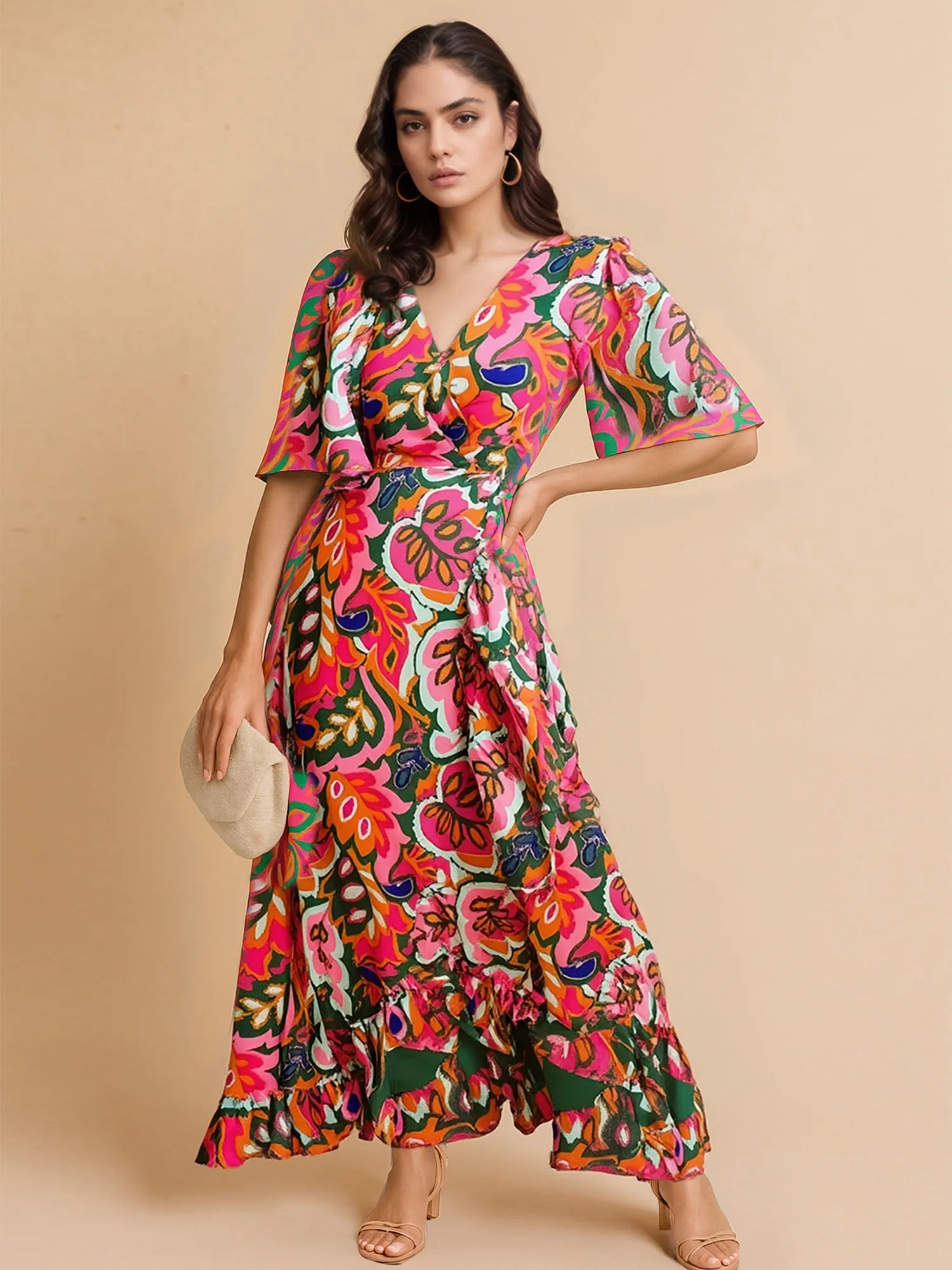 Floral Print Wrap Maxi Dress with Ruffle Details - Glamourous Grace