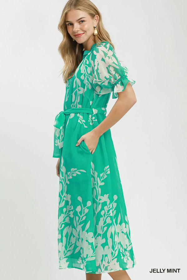 Umgee Floral Print Tie Waist Midi Dress with Side Pockets - Glamourous Grace