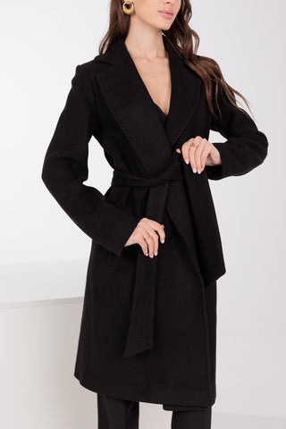 Geneva Classic Wraparound Wool Blend Overcoat in Black