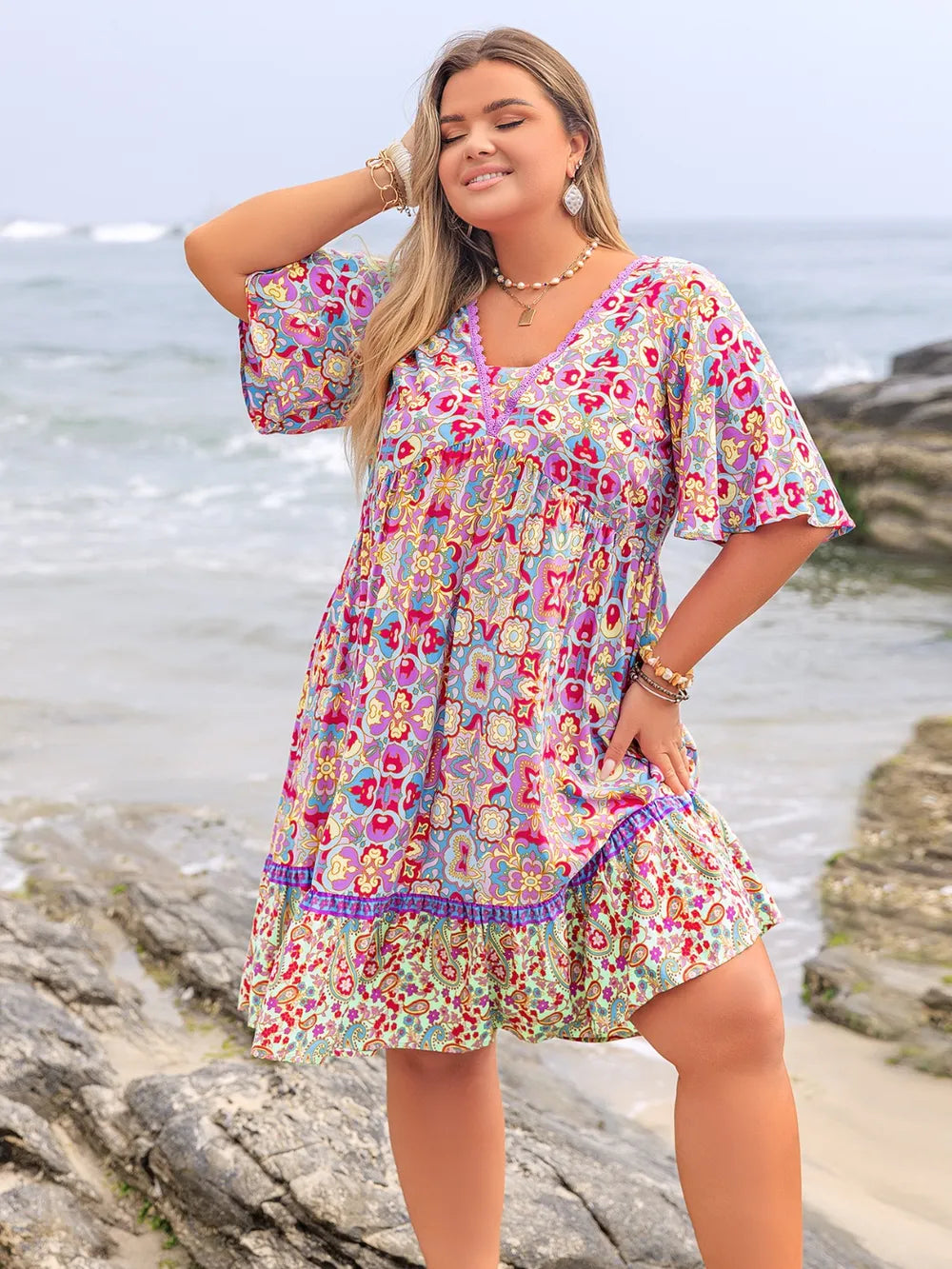 Plus Size Lace Detail Printed Half Sleeve Dress - Glamourous Grace