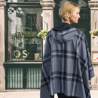 Black & Houndstooth Hooded Rain Cape – Lightweight Women's Rain Wrap