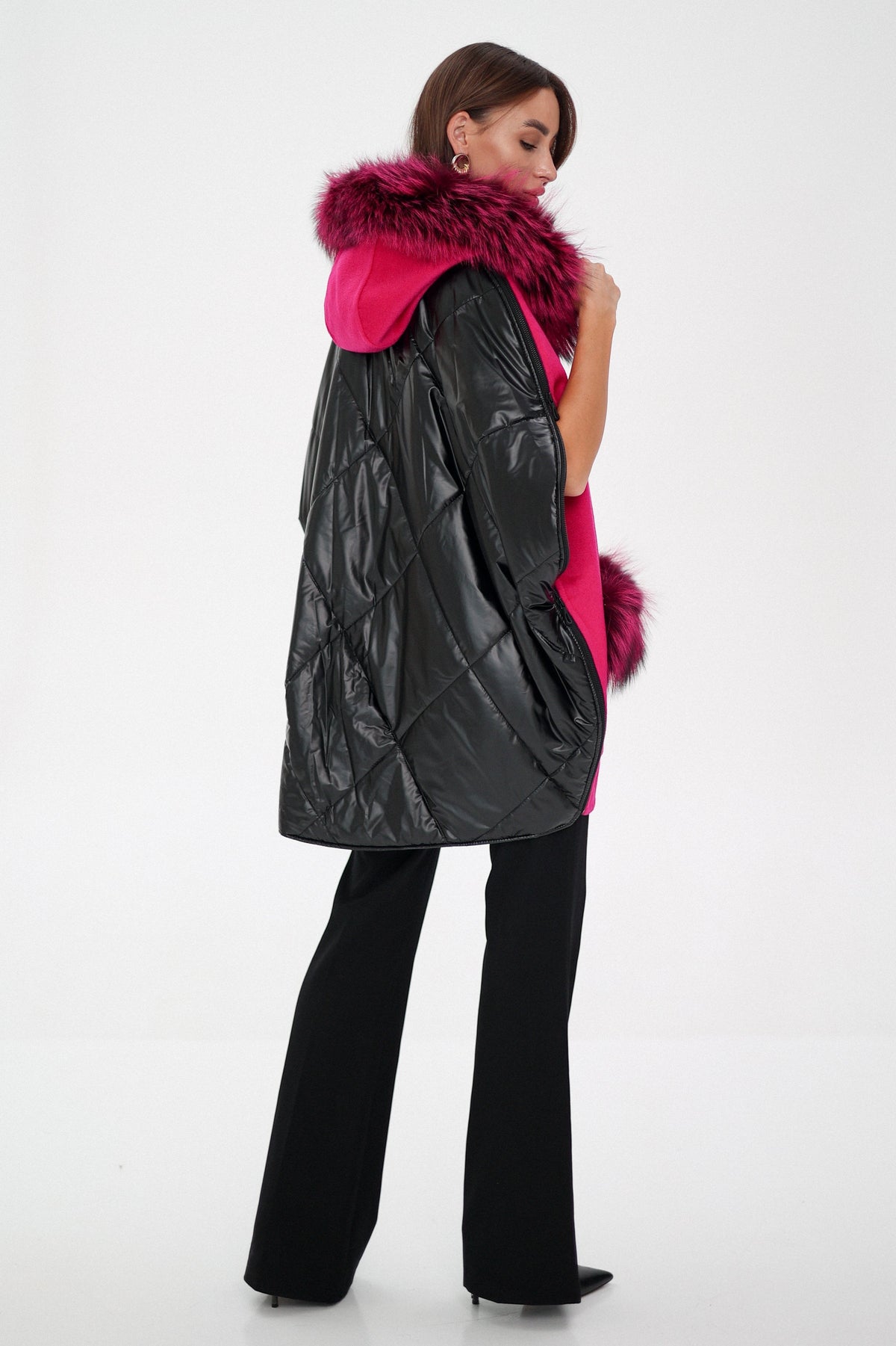 Saga®Furs Silver Fox Wool Alpaca Poncho Vest in Fuchsia