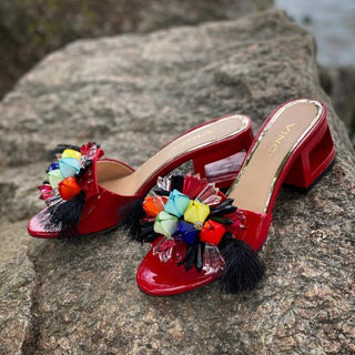 The Vigo Red Leather Block Heel Women Sandal - Glamourous Grace