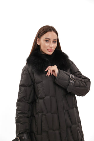 Riley Genuine Fur Trim Down Fill Coat in Black