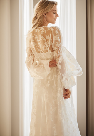 Ethereal Lace Long-Sleeve Sheer Bridal Robe Dress with Train - Glamourous Grace