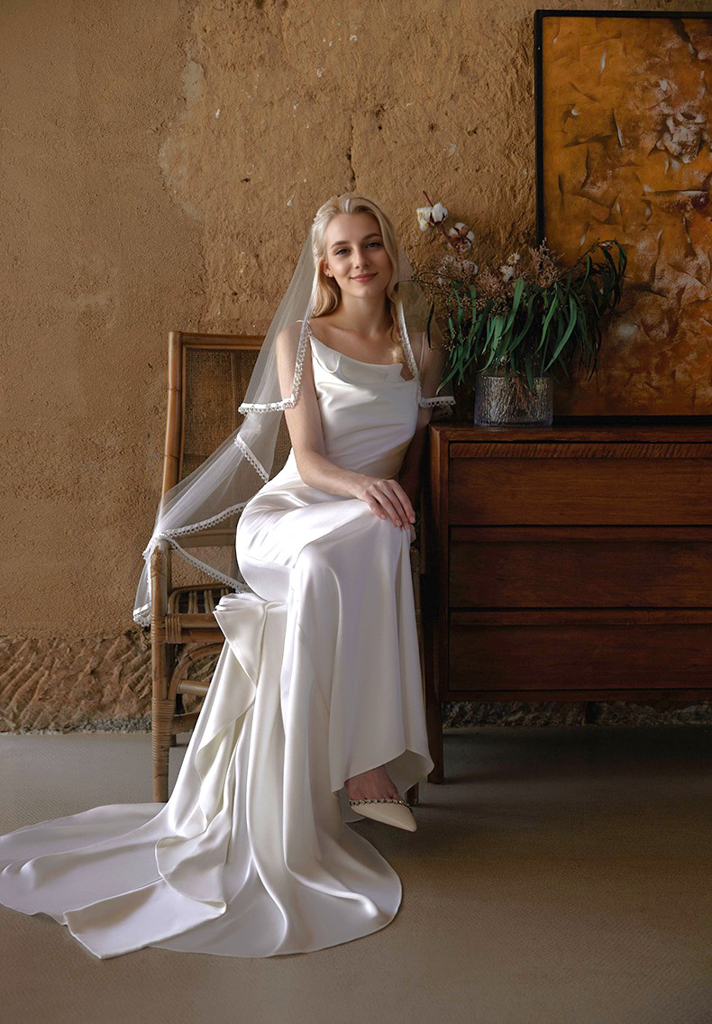 Romantic Draped Cowl Neck Satin Wedding Dress with Low Back and Train - Glamourous Grace