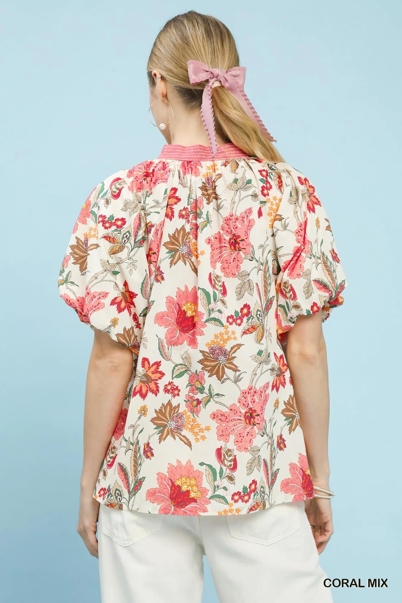 Umgee Mix Floral Puff Sleeve Blouse in Coral - Glamourous Grace