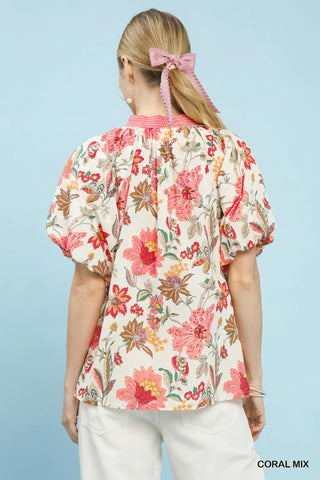 Umgee Mix Floral Puff Sleeve Blouse in Coral - Glamourous Grace