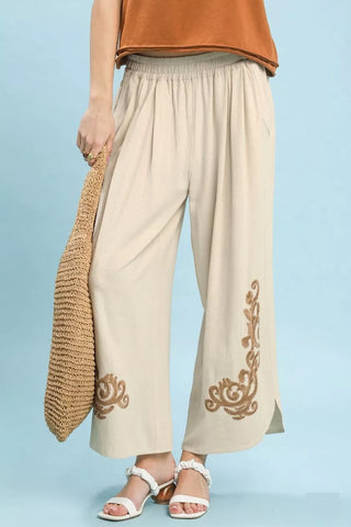 Umgee Linen Embroidered Wide-Leg Boho Pants - Glamourous Grace