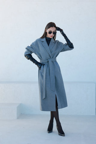 Logan Leather Trim Cashmere Blend Overcoat in Grey