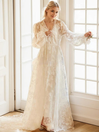 Ethereal Lace Long-Sleeve Sheer Bridal Robe Dress with Train - Glamourous Grace