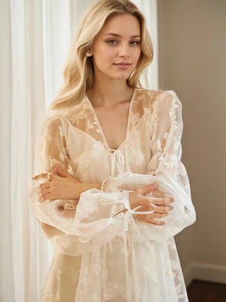 Ethereal Lace Long-Sleeve Sheer Bridal Robe Dress with Train - Glamourous Grace