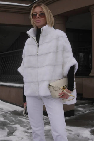 Genuine Scandinavian Mink Fur Poncho in Snow