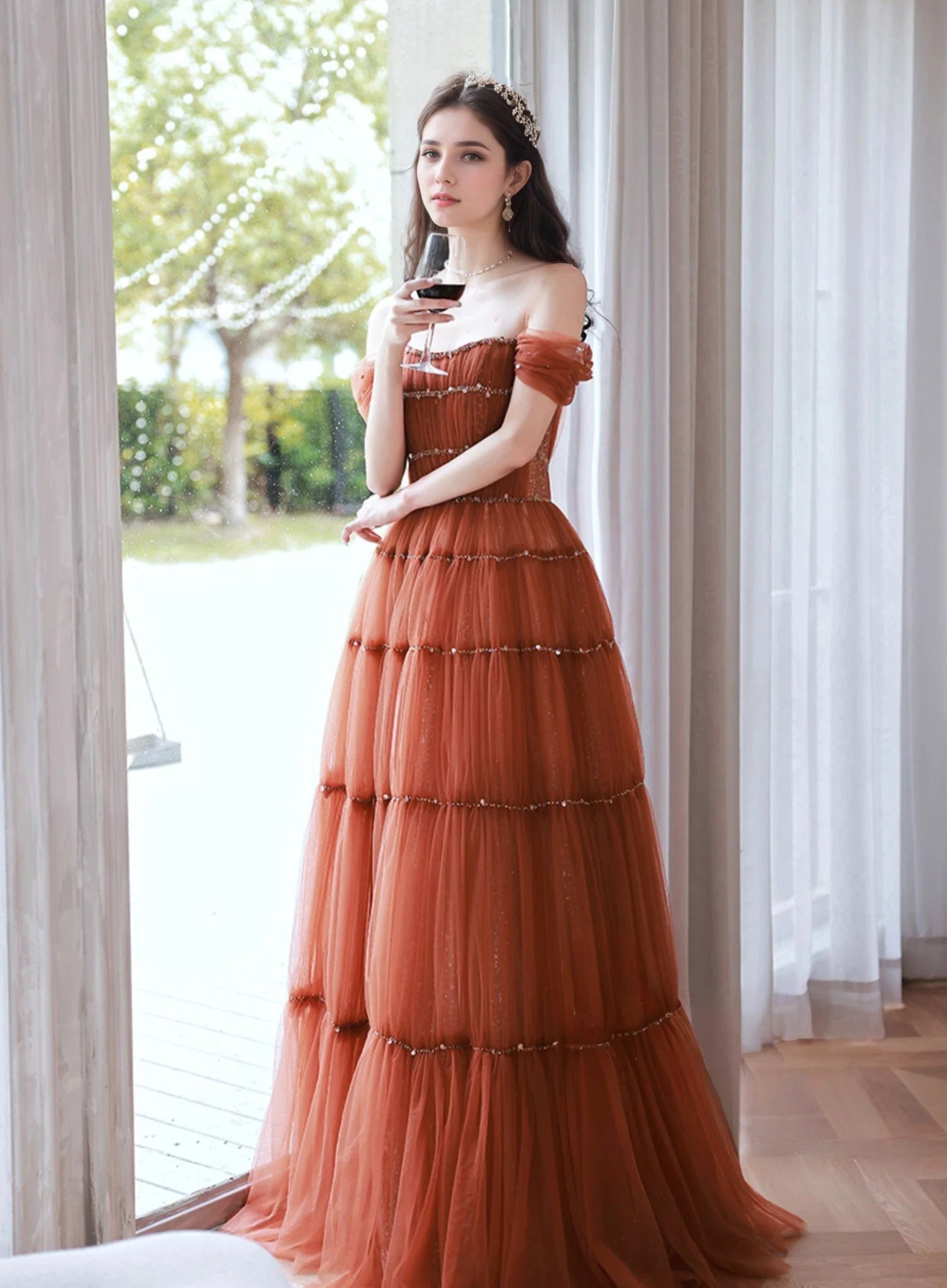 Tiered Tulle Off-Shoulder Gown with Crystal Beading - Glamourous Grace