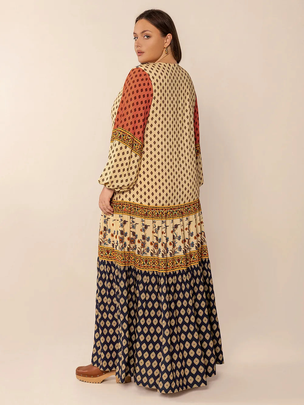 Plus Size Printed V-Neck Long Sleeve Maxi Dress - Glamourous Grace