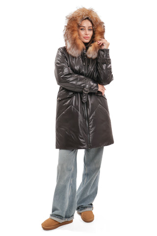 Genuine Fox Fur Trim Mid Length Coat