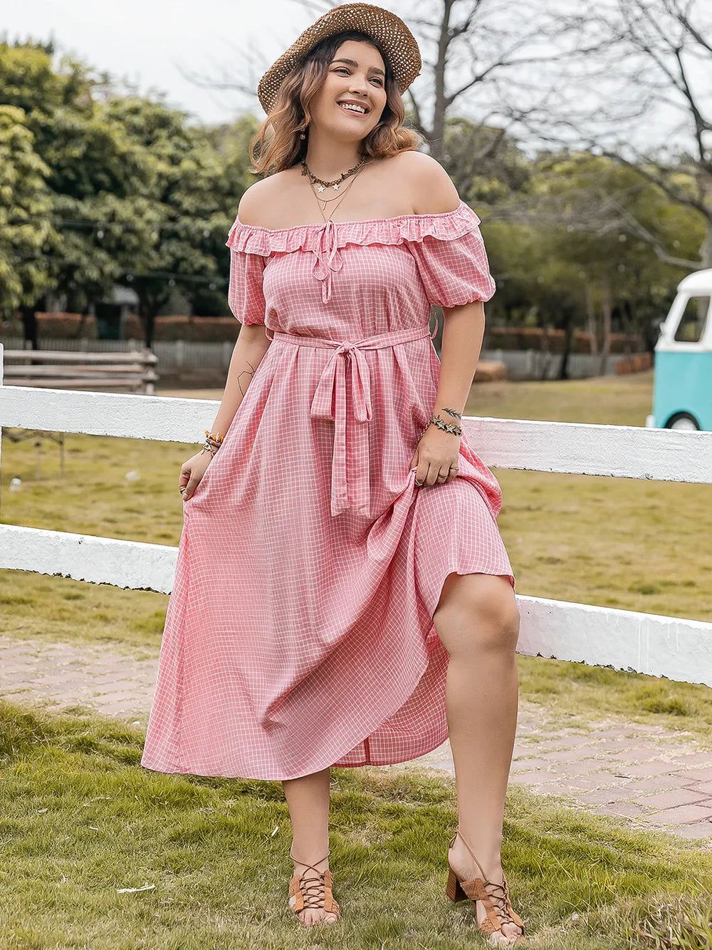 Plus Size Plaid Off-Shoulder Short Sleeve Midi Dress - Glamourous Grace