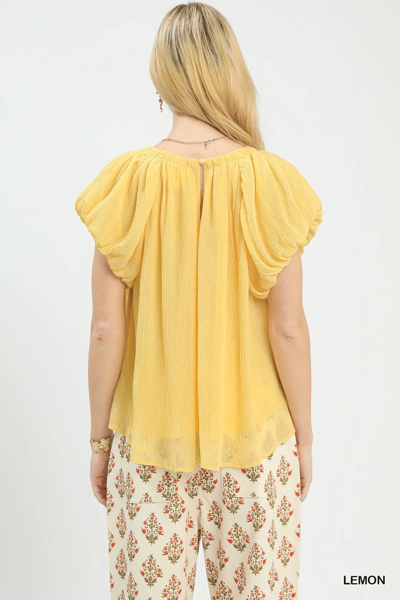 Umgee Crinkle Flutter Sleeve Peasant Top in Lemon - Glamourous Grace