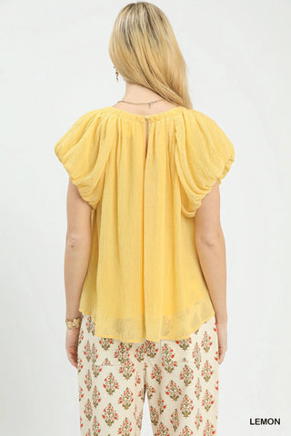 Umgee Crinkle Flutter Sleeve Peasant Top in Lemon - Glamourous Grace