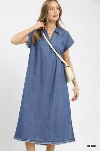 Umgee Stone Washed Collared Denim Midi Dress - Glamourous Grace