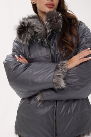 Reversible Genuine Silver Fox  Down Fill Coat in Grey