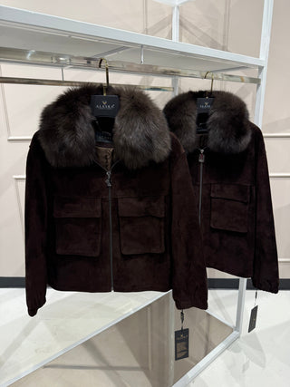 Nebraska Genuine Suede Polar Fox Trim Jacket in Cognac