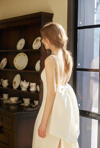 Pearl Strap Halter Satin Wedding Dress with Dramatic Back Bow and Train - Glamourous Grace