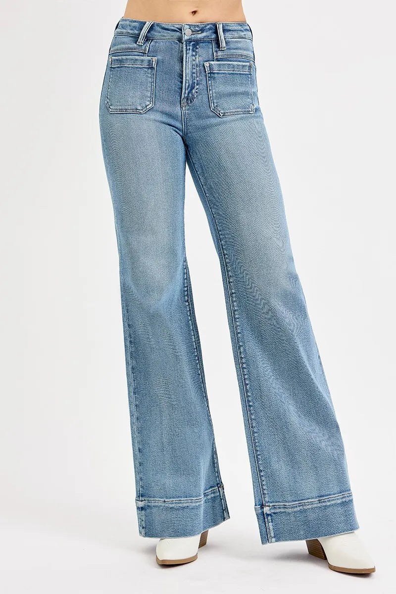 RISEN High Rise Wide Flare Patch Pocket Jeans