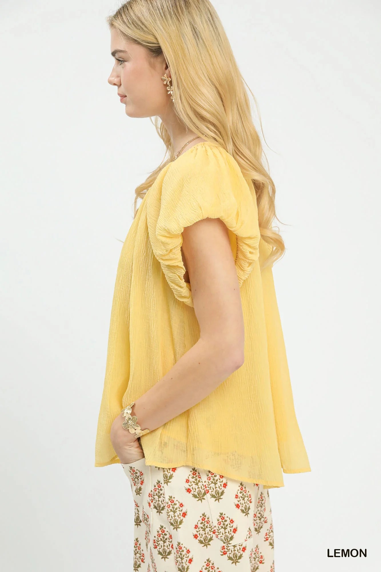 Umgee Crinkle Flutter Sleeve Peasant Top in Lemon - Glamourous Grace