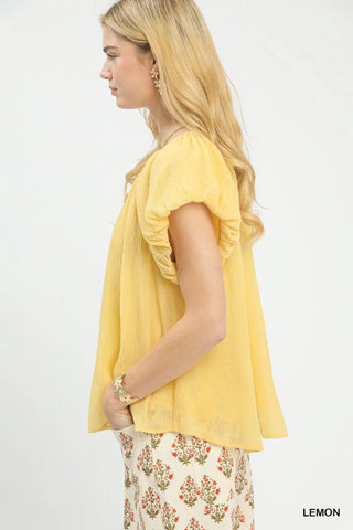 Umgee Crinkle Flutter Sleeve Peasant Top in Lemon - Glamourous Grace