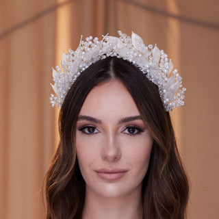 Crystal Pearl  Hair Band with Resin Leaves - Glamourous Grace