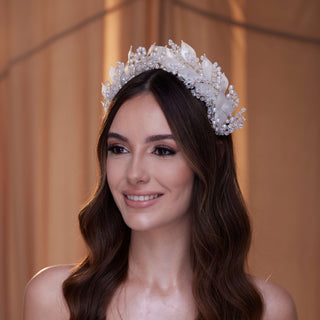 Crystal Pearl  Hair Band with Resin Leaves - Glamourous Grace