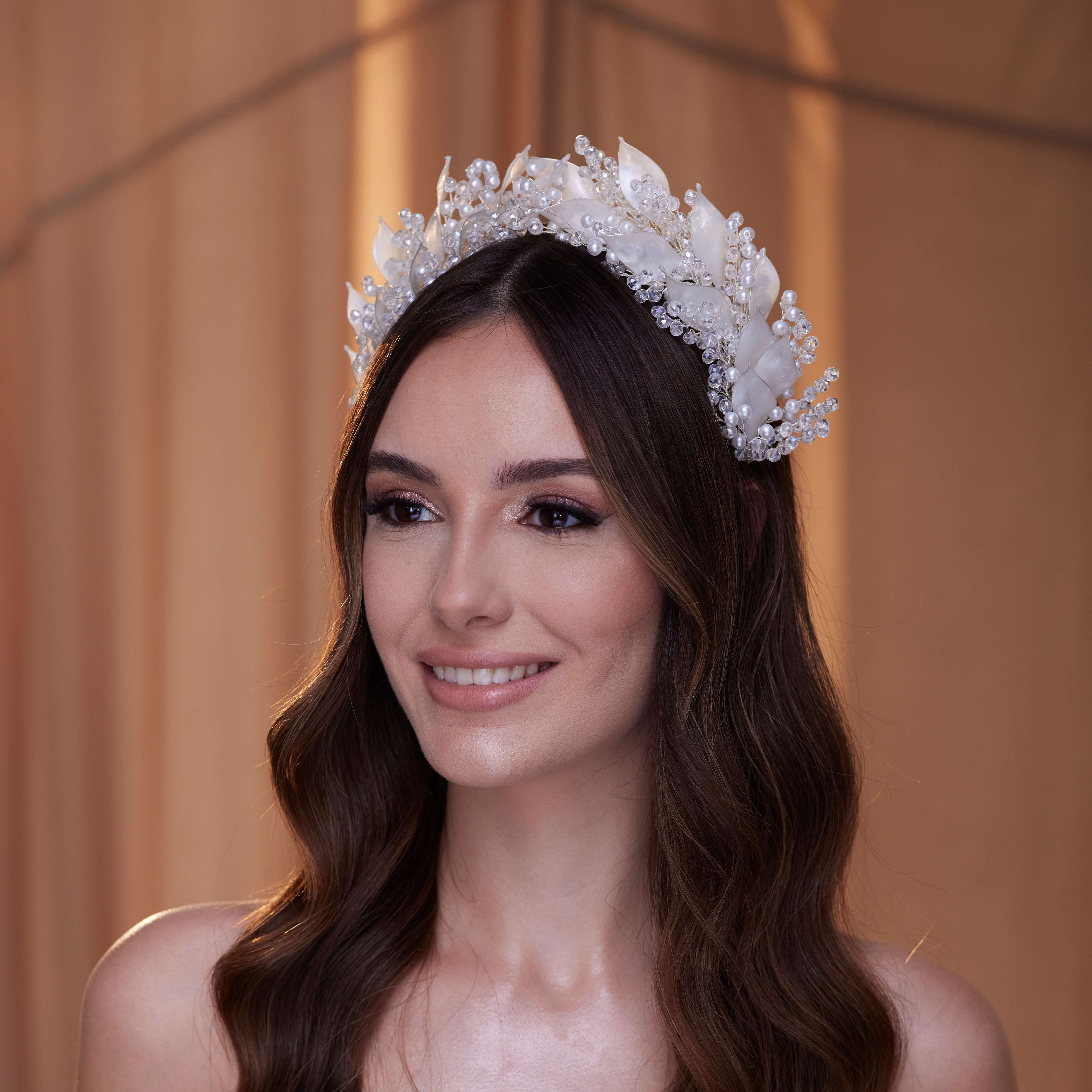 Crystal Pearl  Hair Band with Resin Leaves - Glamourous Grace