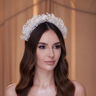 Crystal Pearl  Hair Band with Resin Leaves - Glamourous Grace