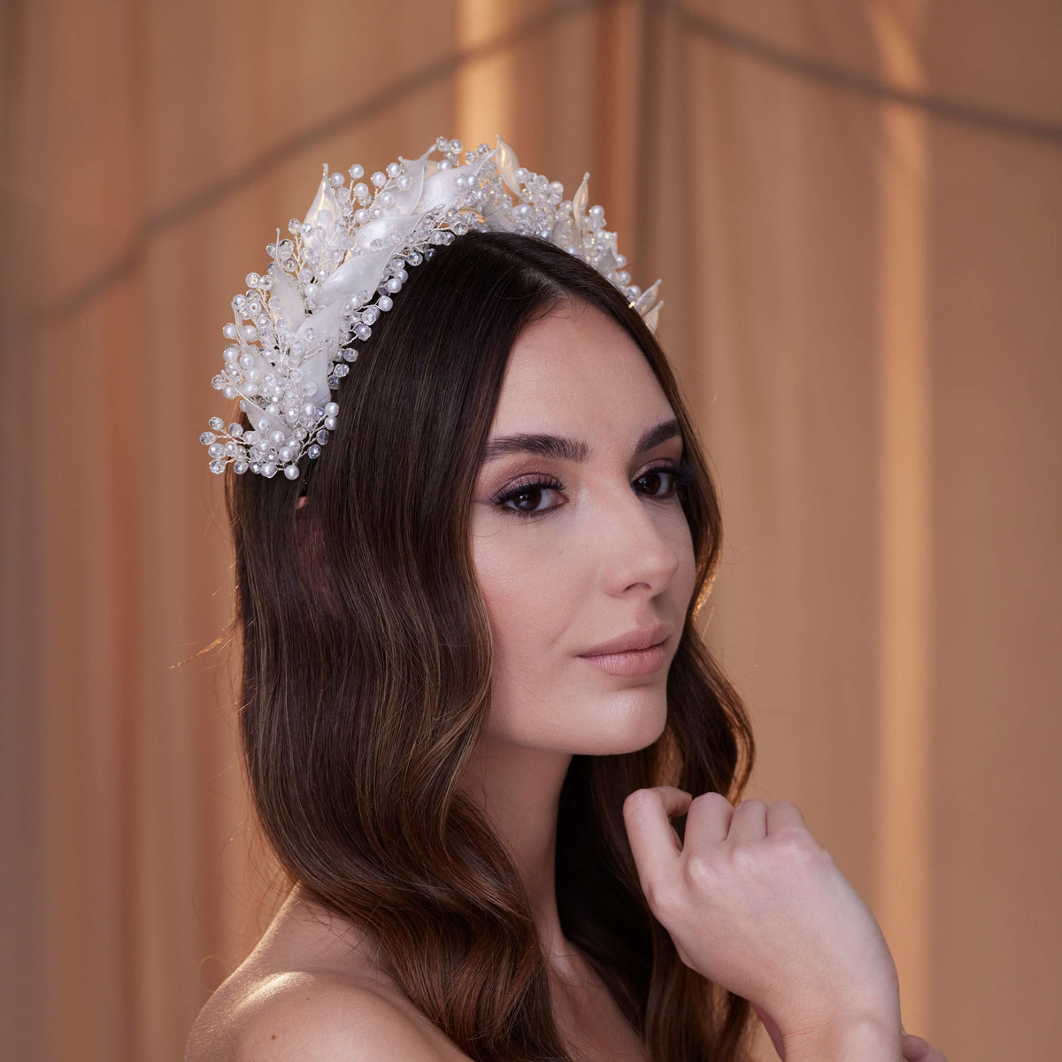 Crystal Pearl  Hair Band with Resin Leaves - Glamourous Grace