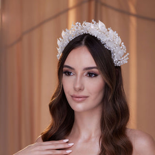 Crystal Pearl  Hair Band with Resin Leaves - Glamourous Grace